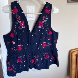 J Crew Floral Embroidered Navy Top